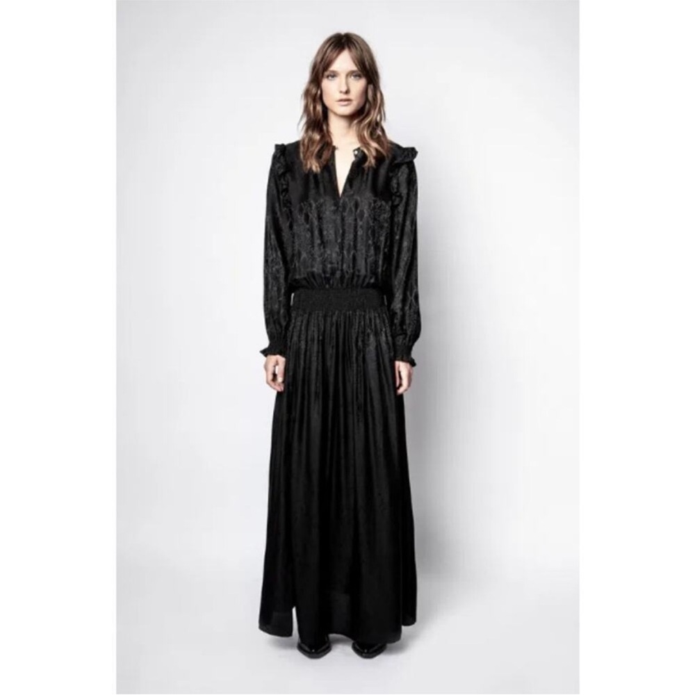 Zadig & Voltaire Black Maxi Dress Long Sleeve  Roar Jac Python Silk Blend Med - Picture 3 of 12